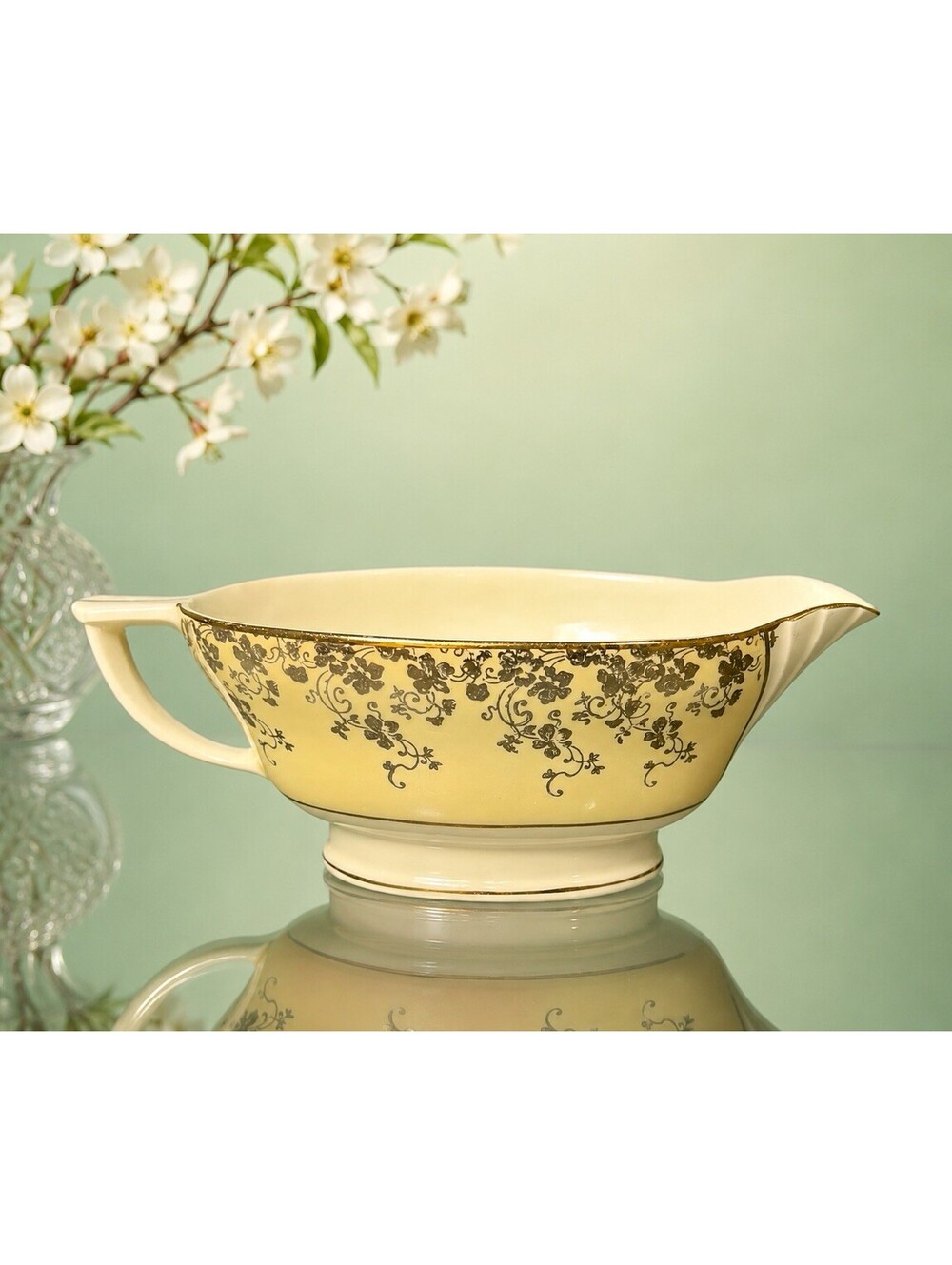 East End China Co 1900s Gravy Boat Gold Floral Chintz Buttercream, 8x3.5x3”